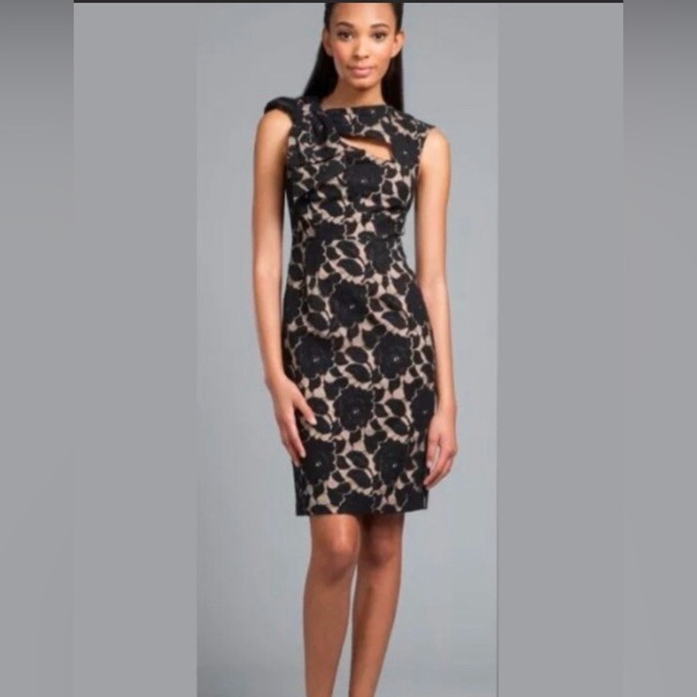 Tracy Reese Black Nude Lace Bow Shoulder Cocktail Shift Dress 91PI97 Size 4 Knee